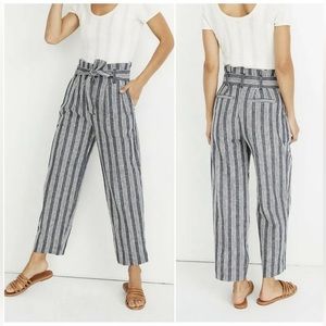 Madewell Linen-Cotton Paperbag Pants in Indigo Stripe